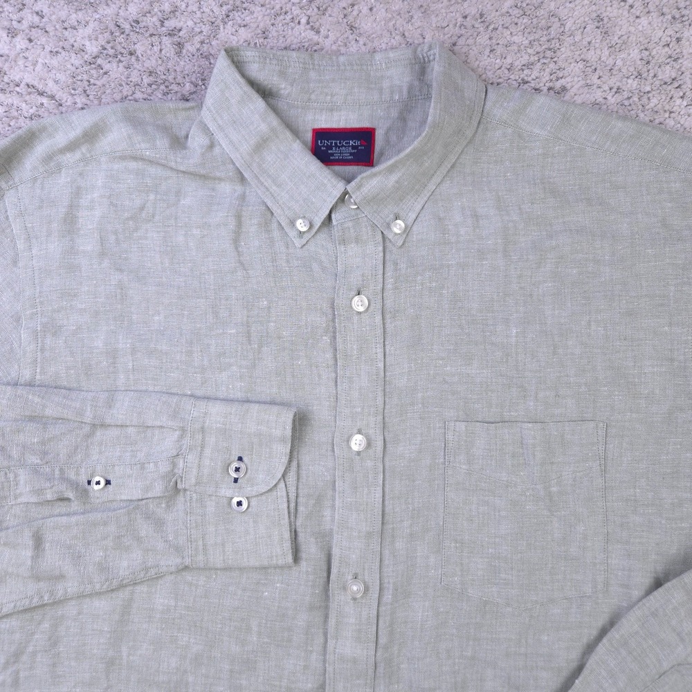 Untuckit Linen Shirt Men XL Long Sleeve Button Down Green Collared Untuck It GUC - Picture 3 of 8